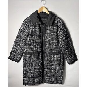 Bernardo Coat Womens Large Black Tweed Puffer Long Quilted Insulated Wool Blend